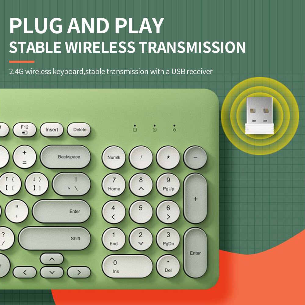 2.4g trådløst tastatur og mus sett 96 runde tastaturer med bærbart ergonomisk tastatur for ios/vinduer grønt/gult