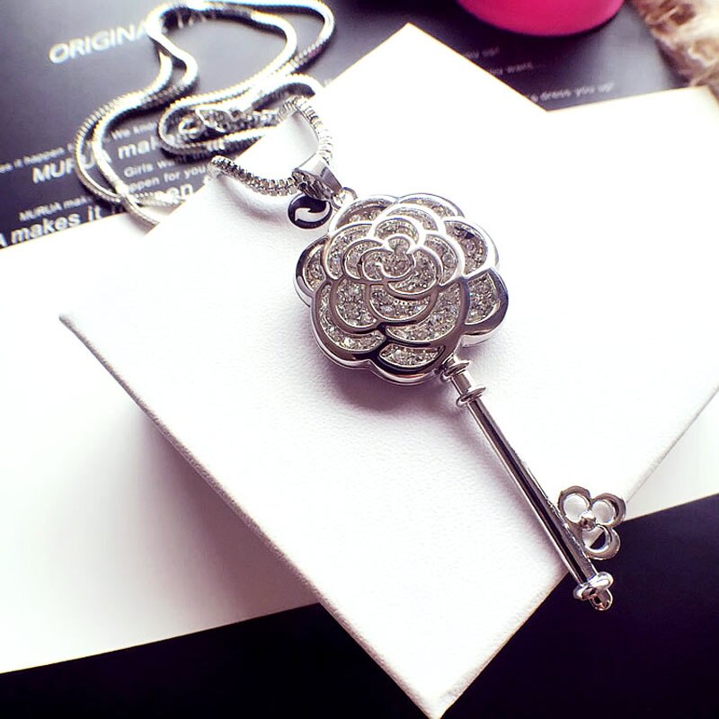 Rose Bloem Sleutel Hanger Lange Ketting Vrouwen Koreaanse Luxe Sieraden Collier Femalel Collana Colar Ketting