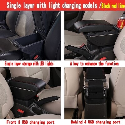 Auto Armlehne Für Hyundai Getz Drehbare zentralen Speicher inhalt Lagerung Kasten mit Aschenbecher USB Ladung Auto dekoration zubehör: Single USB Schwarz rot