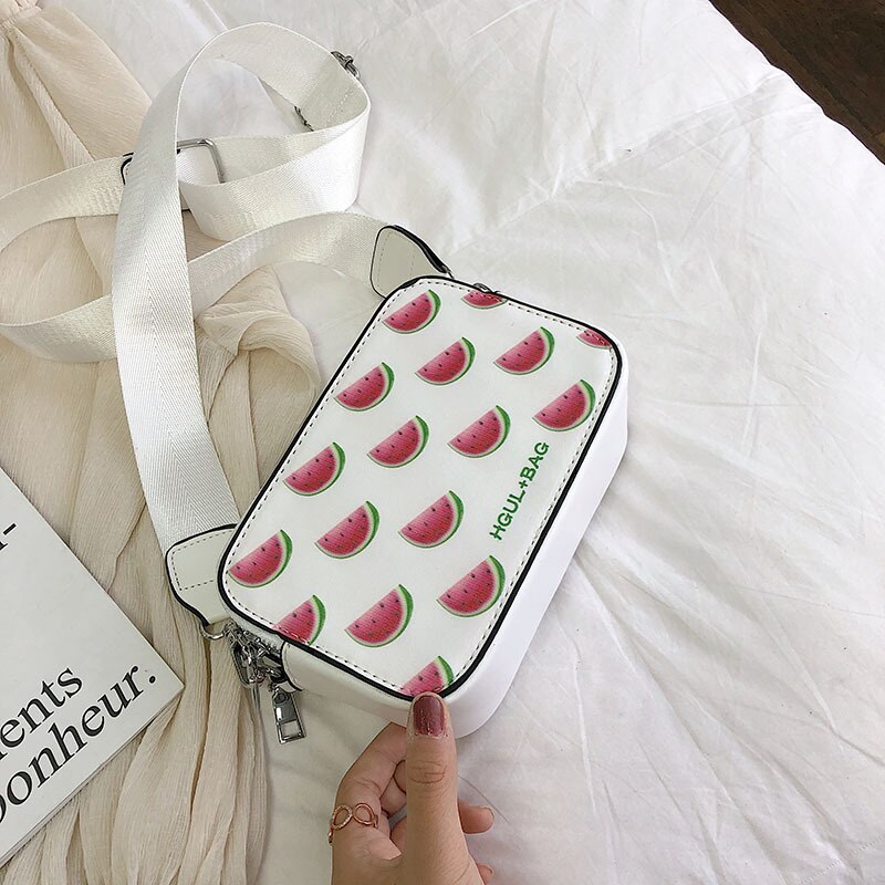 Fruitprint dames handtas kleine vierkante tas handtas model schoudertas meisjes messenger bag messenger bag: Watermeloen wit