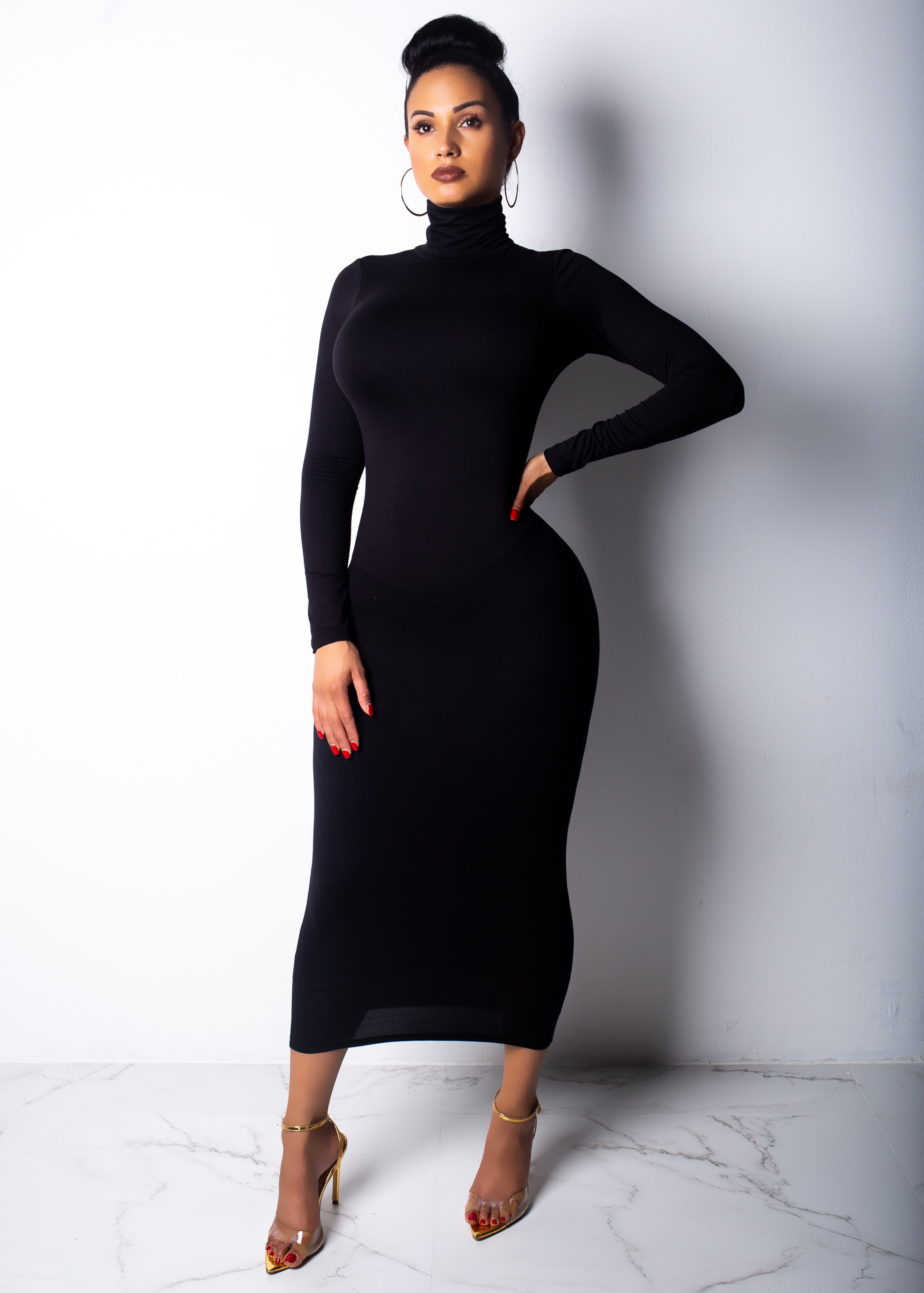 Primavera Longuette de manga larga elástico fuerza ajustado cuello alto delgado vestido largo: L / Negro