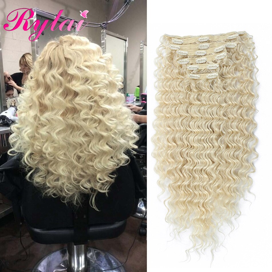 Synthetic Long Wave Clip On Deep Wave Hair Extensions 24 Inches 7Pcs/Lot Long And Full Head For Women High Tempareture Fibre
