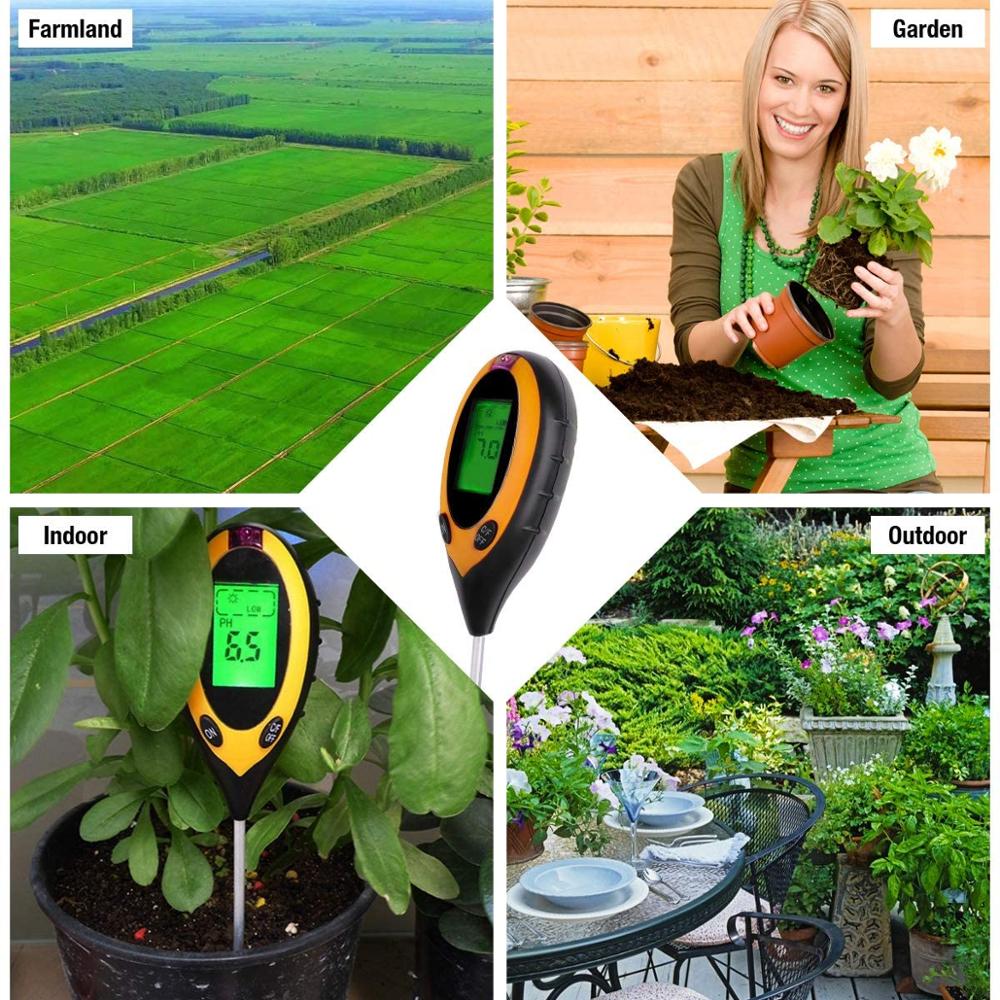 Probador de pH del suelo 4 en 1, medidor de humedad, Kit de probador de suelo de plantas con PH, luz y acidez de humedad para flores