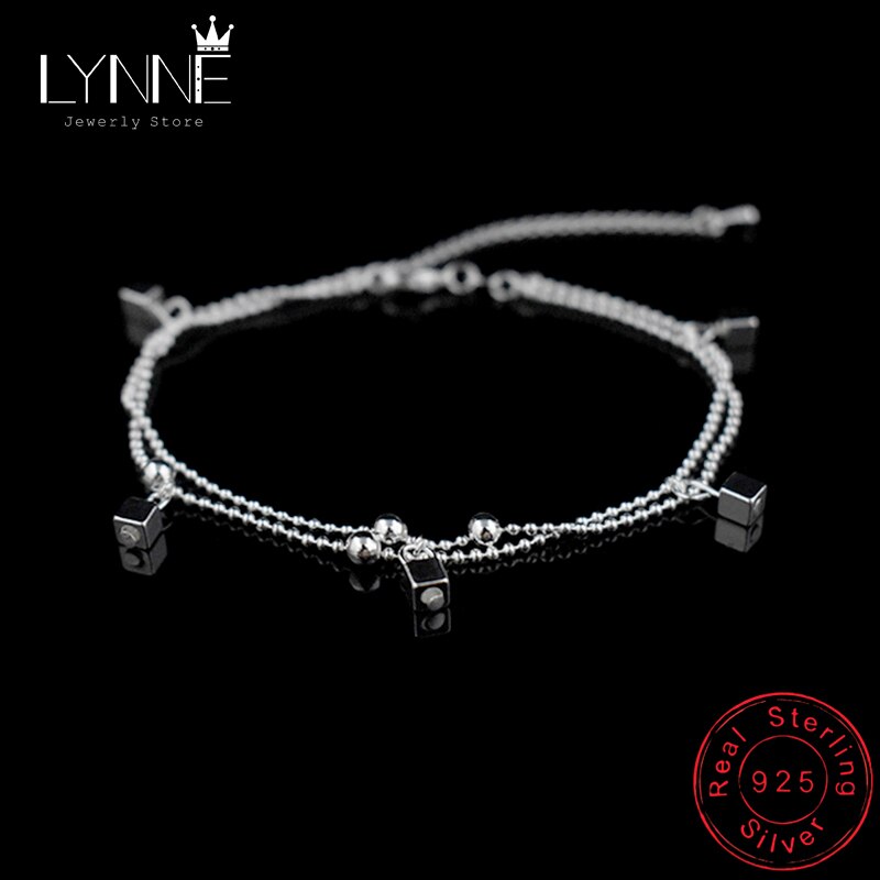 Ladies Beach Square Pendant Foot Anklet 925 Sterling Silver Double Layer Small Ball Chain Anklets Bracelet For Women Jewelry
