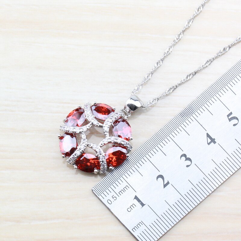 Bedel rode granaat bruids zilverkleur dames kostuum sieraden sets oorbellen ketting ring maat 6/7/8/9/10