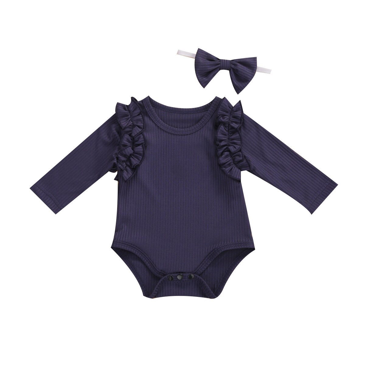 Focusnorm Herfst Baby Meisjes Jongens Bodysuits Hoofdband Ruches Lange Mouwen Knit Solid Jumpsuits 2 Stuks 5 Kleuren: Blauw / 12m