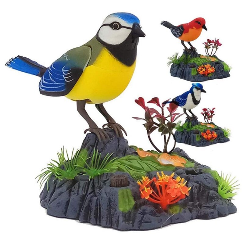 Simuliertes elektronisches, geräuschaktiviertes vogelspielzeug, das mit einem geräuschsensor zwitschern und singen auslöst.