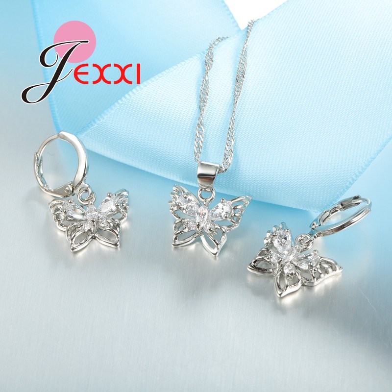 Romantic and Beautiful Butterfly Jewelry Sets For Women 925 Serling Silver Shinning Crystals Necklace Pendants Earrings