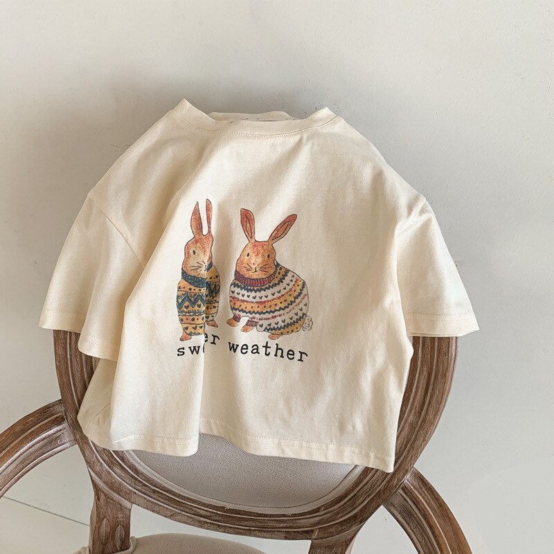 Maglietta per bambini 2152B maglietta a maniche corte per bambini estate 2022 maglietta stampata a fiori di coniglio per ragazzi e ragazze