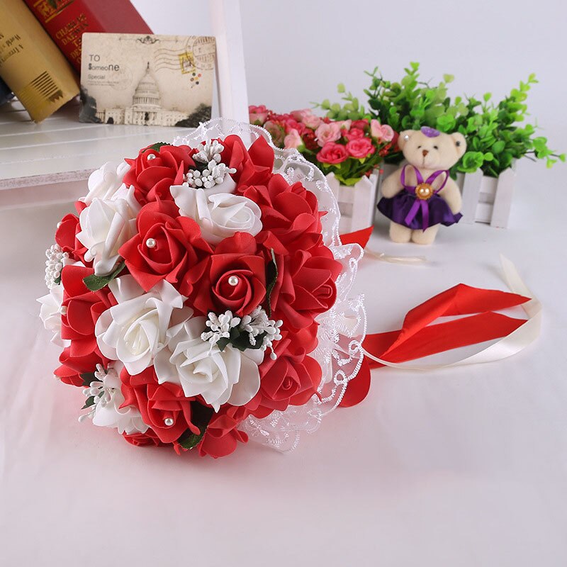 Pink Red White Purple Wedding Bouquet Flowers Bridal Bridesmaid Flower Bouquet Artificial PE Flower Rose Bride Bouquet Flowers: White Red