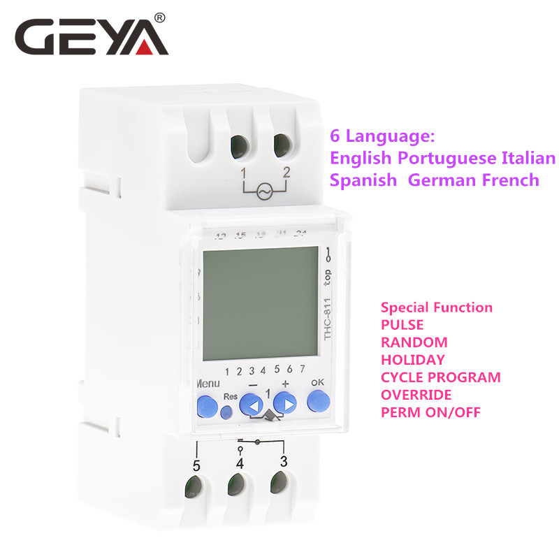 GEYA-Temporizador Digital con batería de litio 16A 220V, con 24 horas Temporizador Semanal, carril Din, THC-811, 6 idiomas