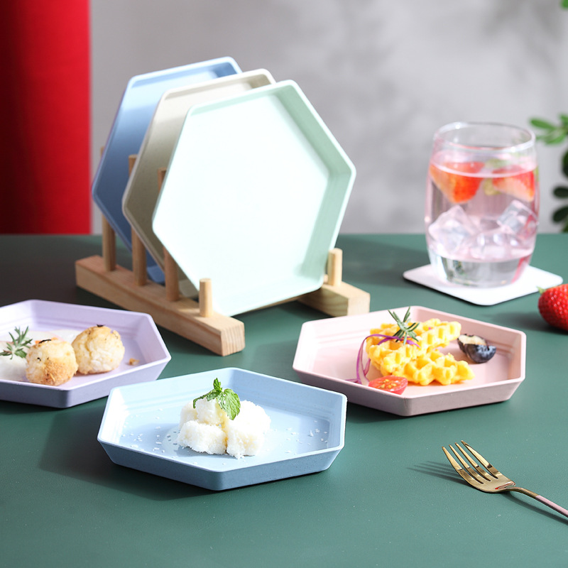 Plateau épais en paille de blé, assiette hexagonale, Snacks de fête, Biscuit, bonbons, gâteau, assiette de fruits, cuisine multifonctionnelle plateau d'assiette naturelle