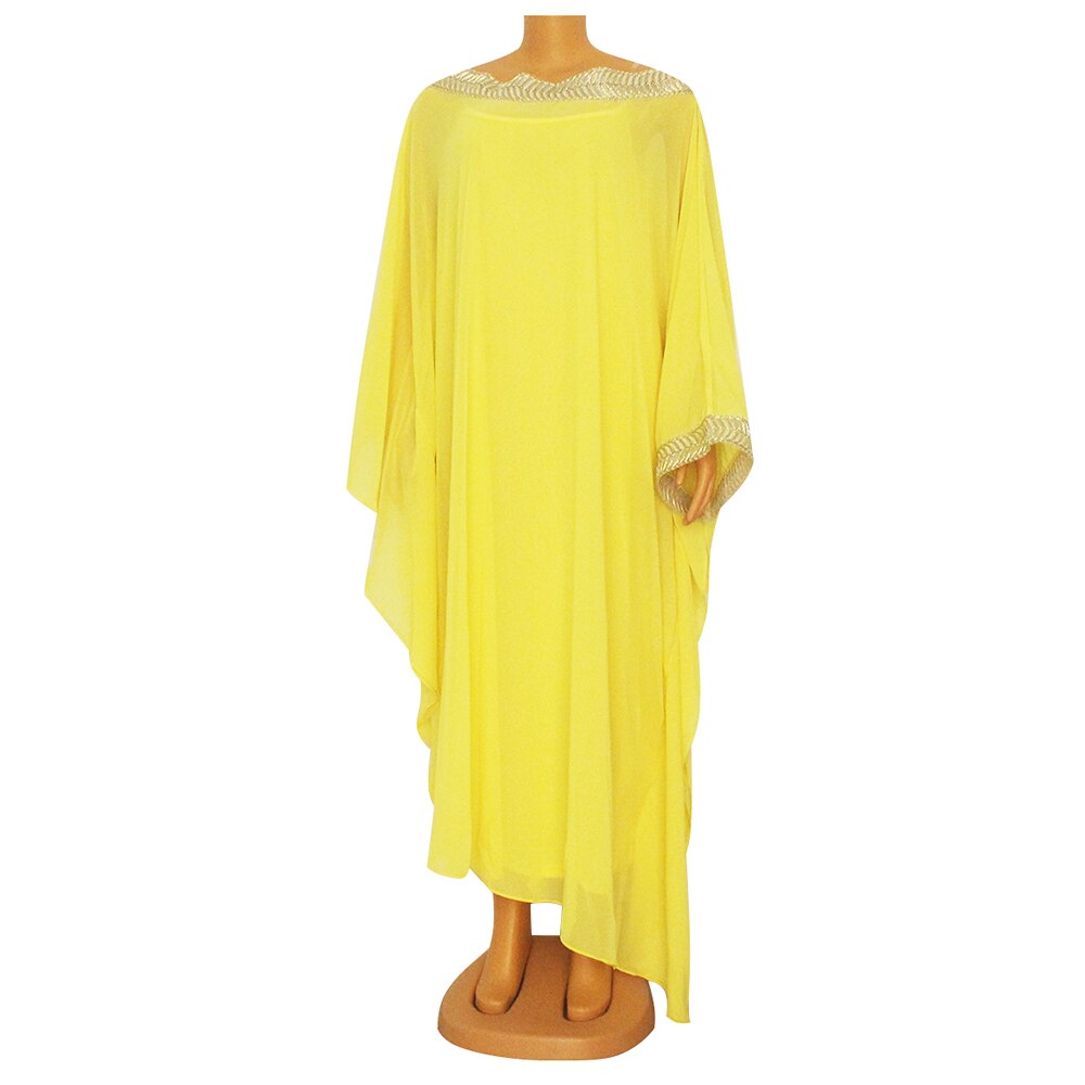 Elegante Afrikaanse Appliques Dashiki Jurk Hijab Chiffon Moslim Abaya Bazin Gewaad Toga Riche Sexy Lady Party Dress Met Inner Dress: YELLOW