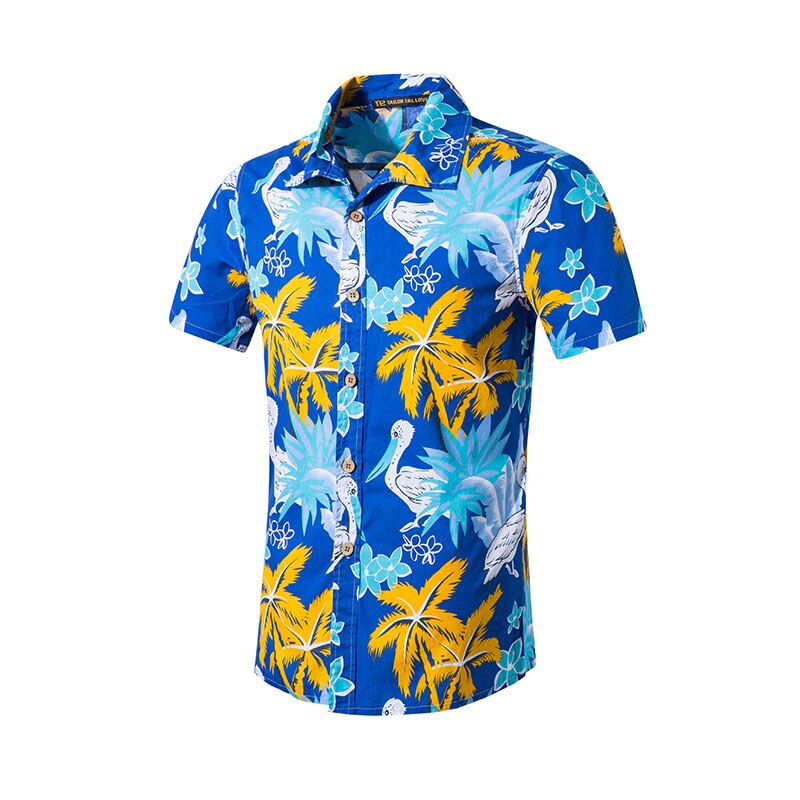 Summer Short Sleeve Hawaiian T-Shirts Men's Beach Shirts Print Cotton Casual Floral Shirts Mens Clothing Plus Size 5XL: Dark Blue / M