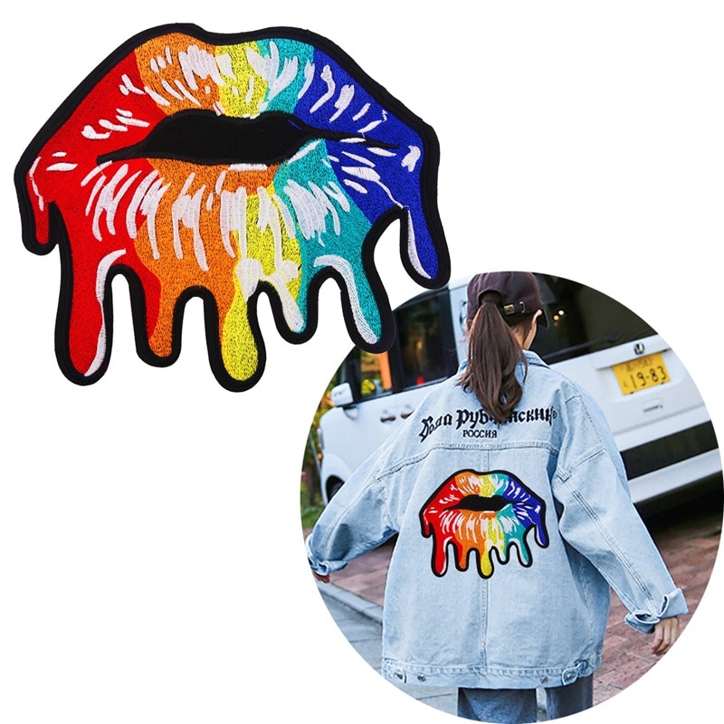 Diy grote regenboog lip mond patches applicatie naaien handgemaakte borduurpatch voor kleding geborduurde kleding decoratie