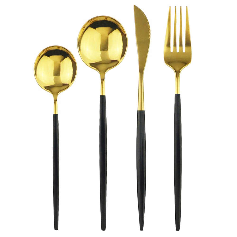 JANKNG 4Pcs Black Dinnerware Set Dessert Spoon Flatware Set Stainless Steel Tableware Mirror Kitchen Gold Cutlery Silverware Set: Black Gold