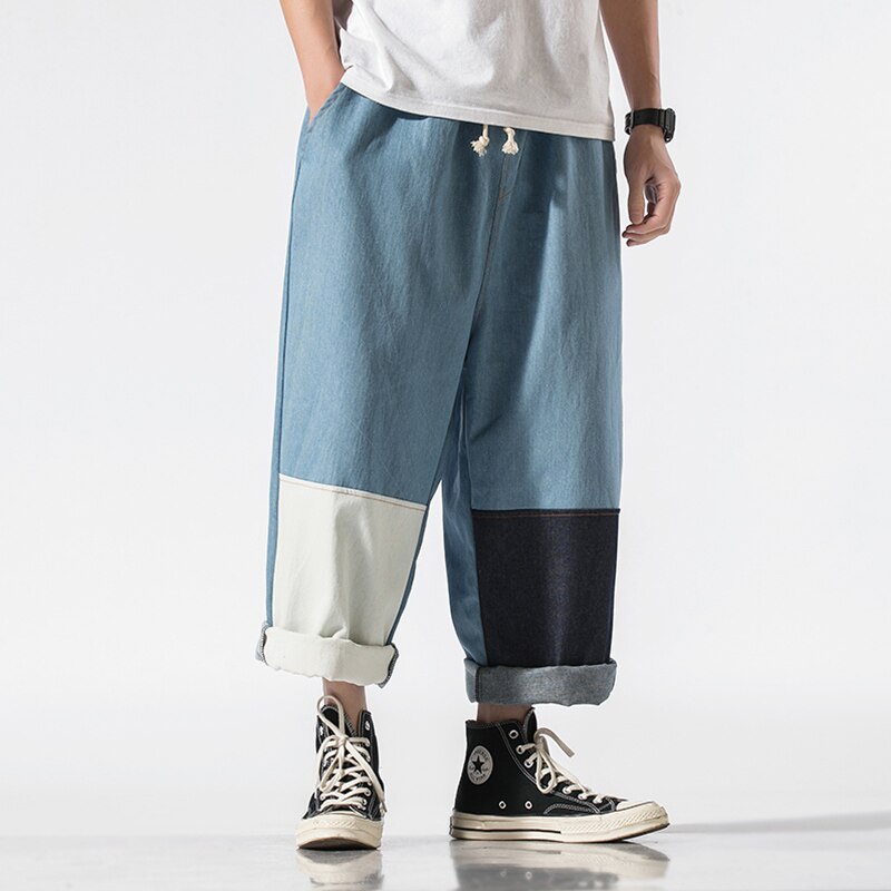 Japanese Streetwear Plus Size Patchwork Jeans Hip Hop Oversized Straight Cargo Pants Harajuku Denim Pants Men Clothing