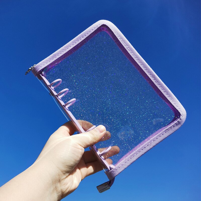 A5 A6 Losbladige Notebook Cover Glitter Rits 6 Gat Bindmiddel Clip Notepad: Paars