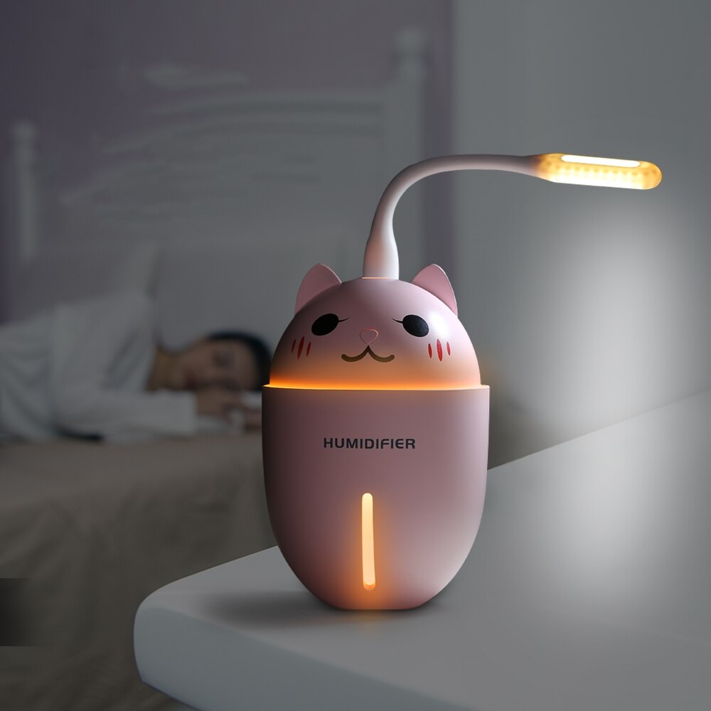Cute Cat Humidifiers 3 in 1 320ML USB Air Humidifier Ultrasonic Cool-Mist Adorable Pet Mini Humidifier With LED Light USB Fan