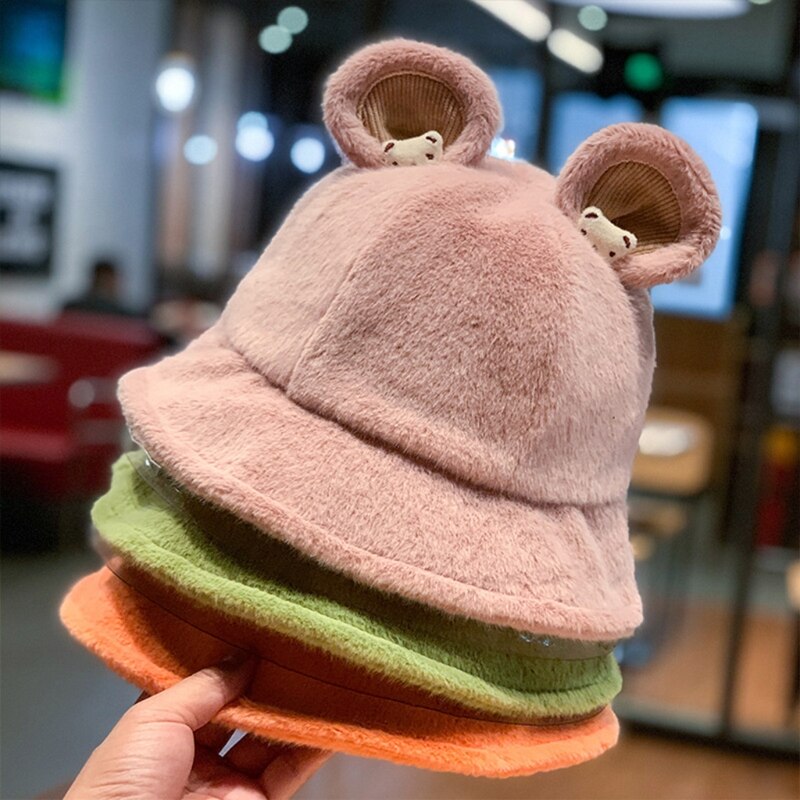 Lovely Fisherman Hat Cute Bear Ear Basin Cap Leisure Soft Sister Solid Color Bucket Cap Outdoor Activities Skiing Hiking