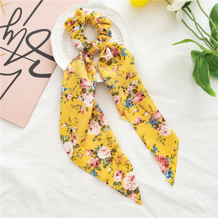 Druck Bogen Satin- Mädchen Elastische Haar Bands Haar Zubehör Lange Band Pferdeschwanz Schal Haar Krawatte Frauen Scrunchies Stirnband