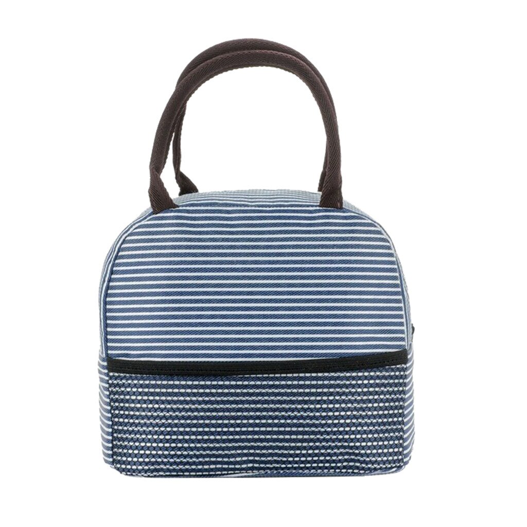 Tragbare Streifen Mittagessen Tasche Für Frauen Kinder Männer Isolierte Leinwand Box Tote Handtasche Thermische Lebensmittel Behälter Mittagessen Taschen: Navy