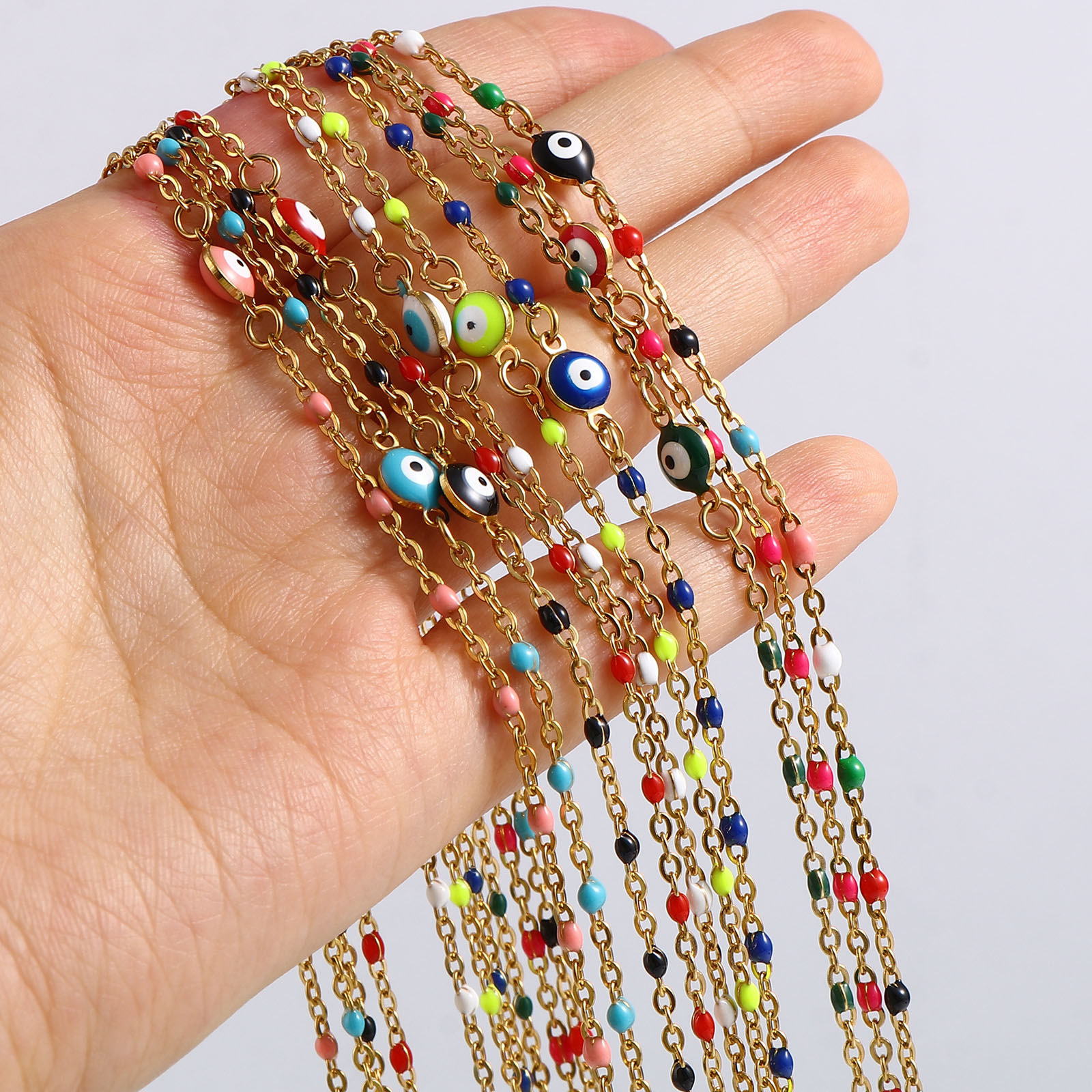 Religious Stainless Steel Link Cable Necklaces Enamel Round Evil Eye Connector Chains Necklace For Women Neck Jewelry Findings