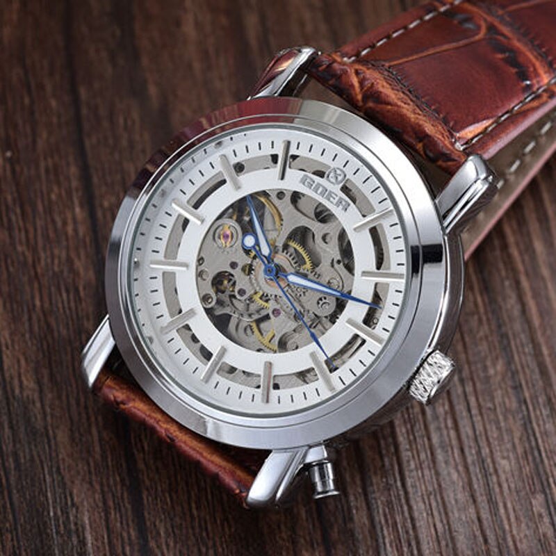 Skeleton Mechanical Watches Men Clamshell Photo Embedding Watches GOER Leather Band Automatic Watches Men