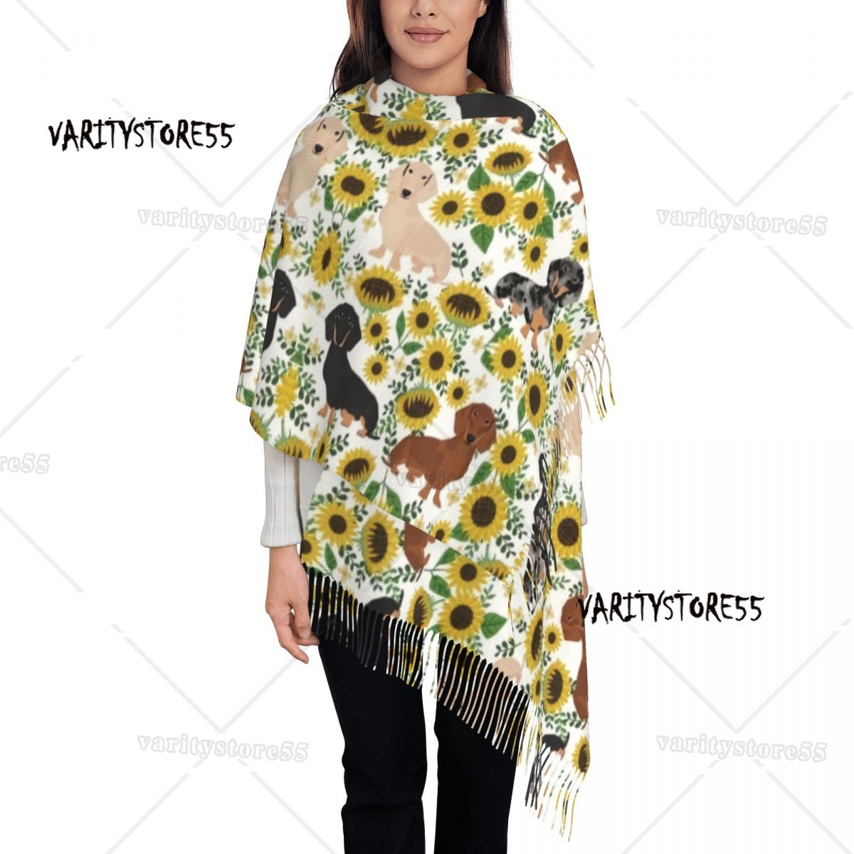 Doxie Florals Dachshund Scarves Women Winter Fall Soft Warm Tassel Shawl Wraps Badger Sausage Dog Scarf: GRAY