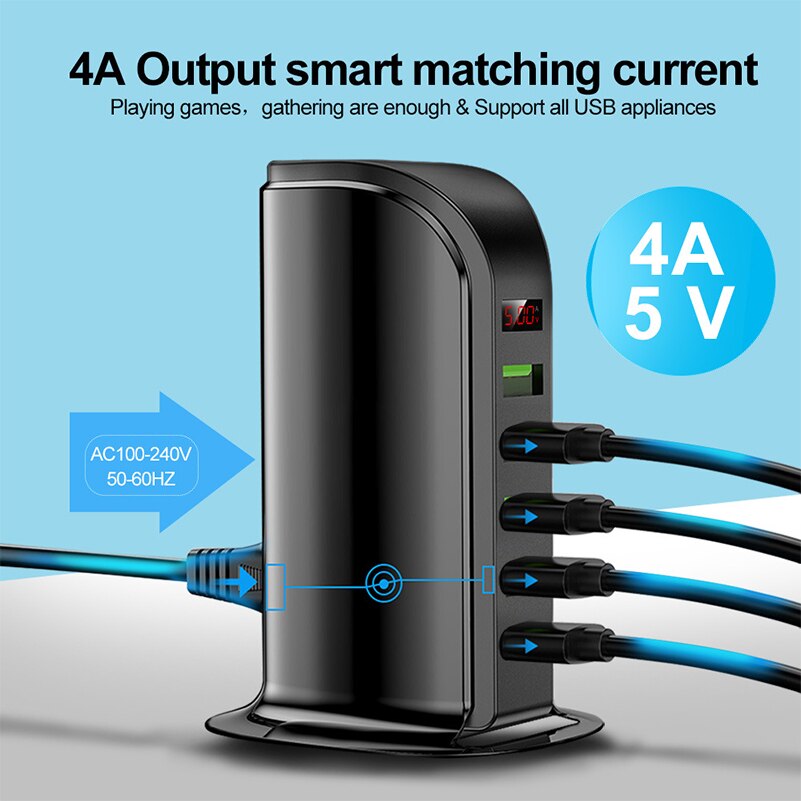 5 port usb oplader hub led display multi usb opladningsstation dock universal mobiltelefon desktop væg hjem os eu uk plug