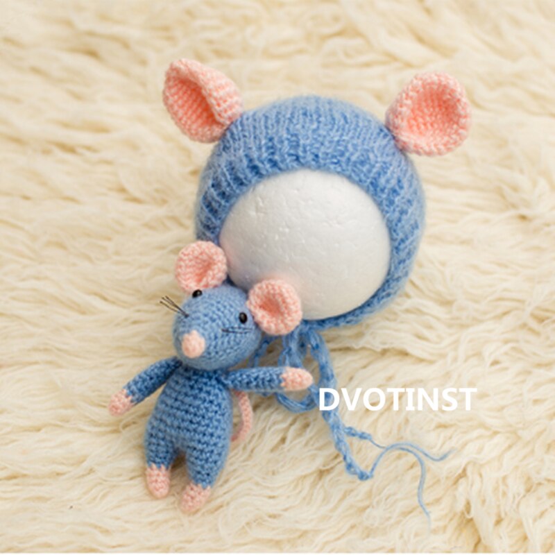 Dvotinst nyfödd baby fotografering rekvisita söt mus set hatt motorhuv docka 2 st set fotografia tillbehör studio fotograferingar foto rekvisita: Blå / 3-4 månader