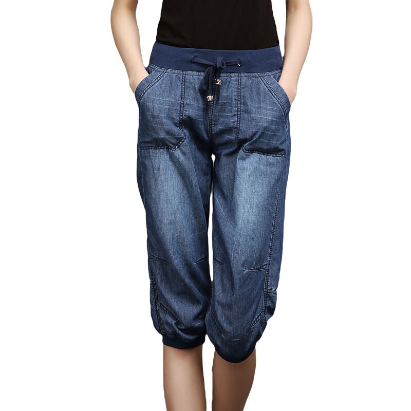 Plus size jeans kvinna mellan midja kvinnor haremsbyxor sommar femme lätt tvättad lös bomull vadlånga byxor 3xl 4xl