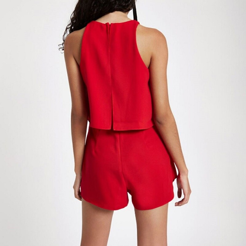 Femmes OL solide palysuit en vrac été en mousseline de soie Falbala sans manches dames haute rue salopette combinaisons