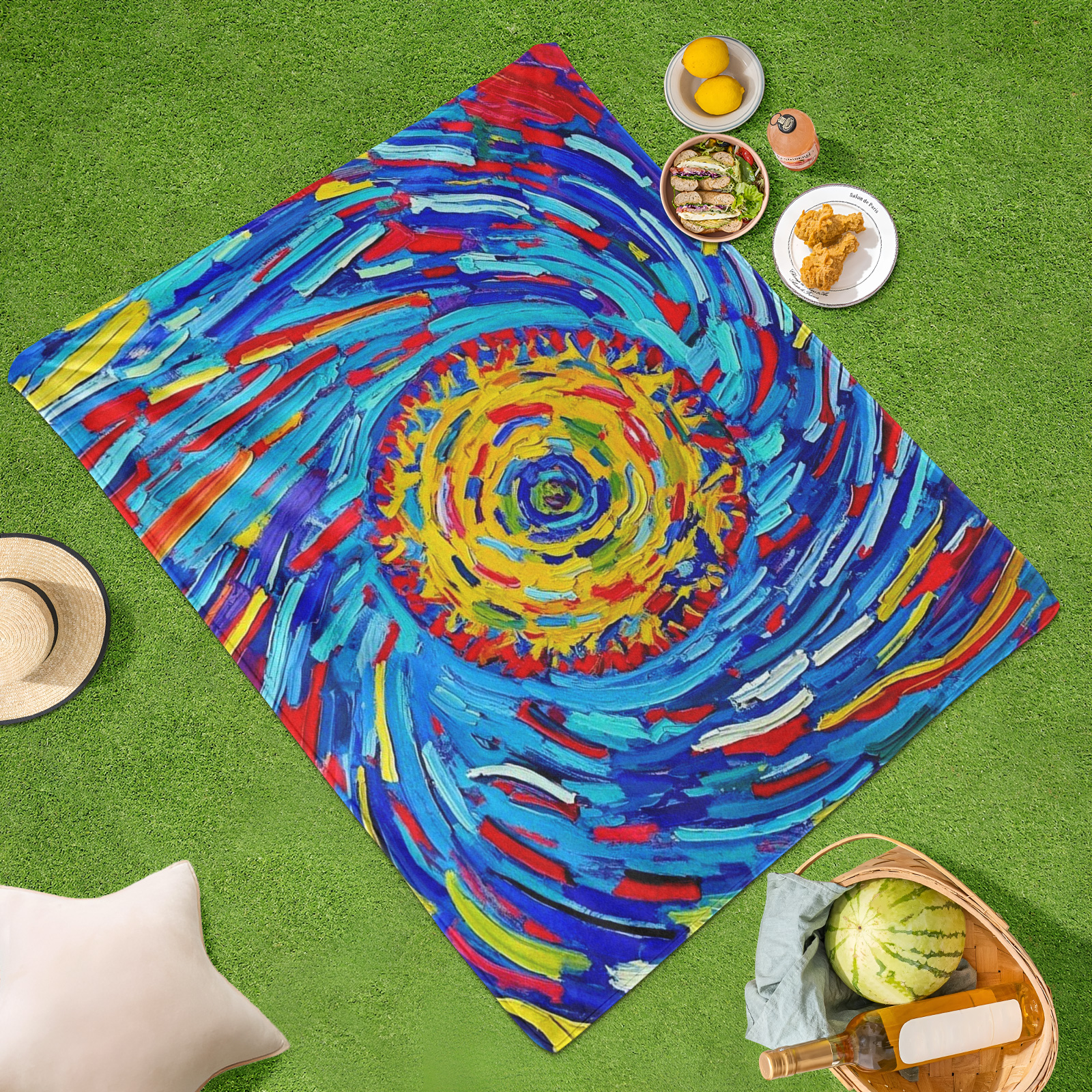Manta al aire libre azul amarilla inspirada en Van Gogh, noche estrellada abstracta para pícnics acogedores y aventuras de acampada