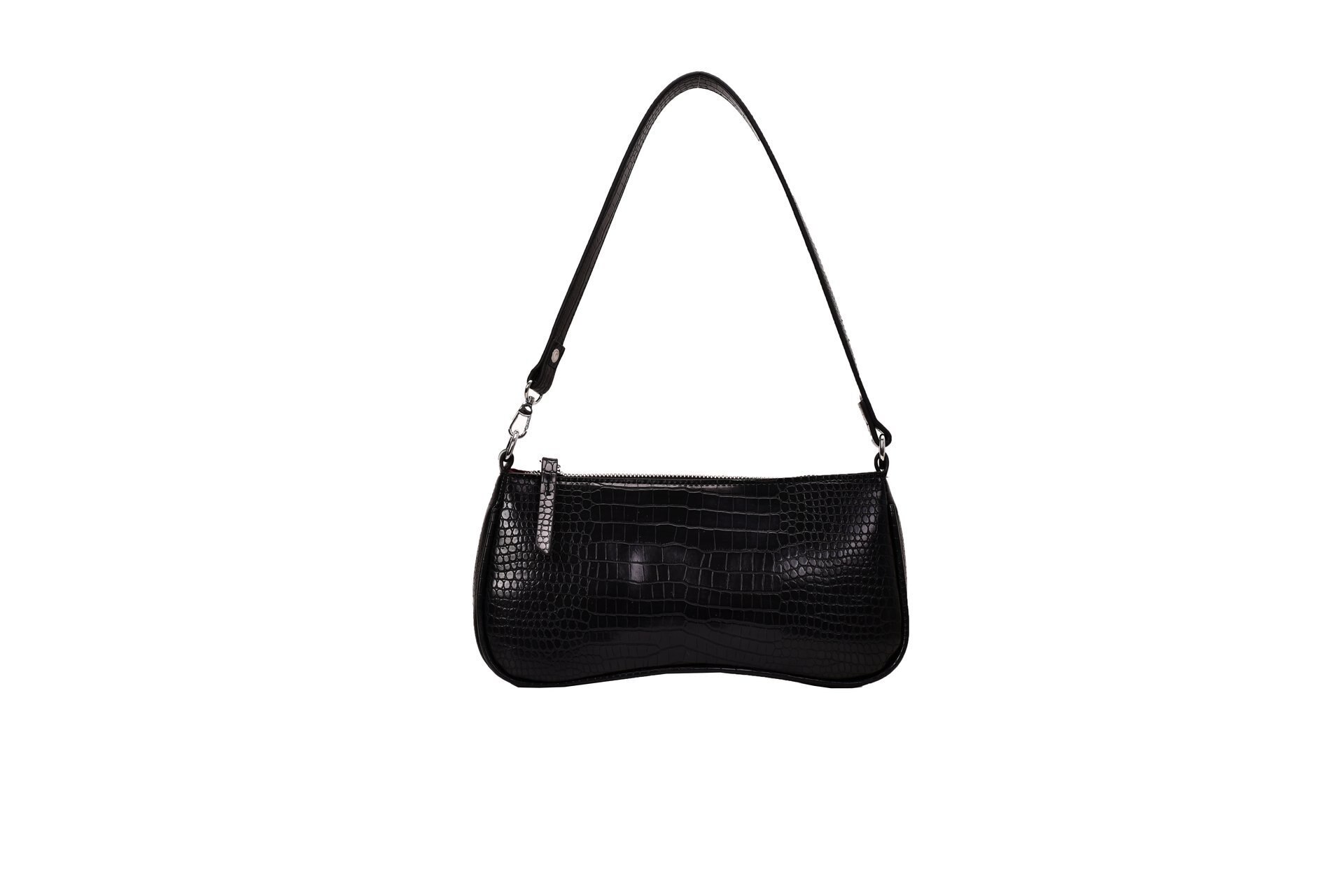 Solid Color Crocodile Pattern Baguette Bag Women Shoulder Bag And Purses Pu Leather Women Handbags: Black