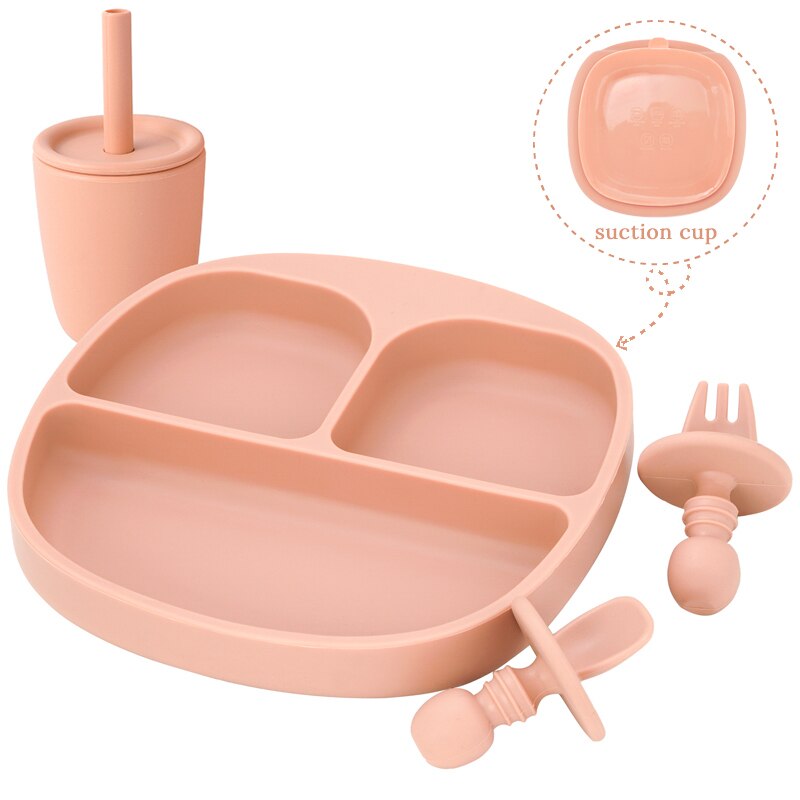 BPA Free Children's Tableware Baby Feeding Solid Food Dinner Set Plates Training Bowl Feeding Dishes Spoon Fork Straw Cup: 006-muted