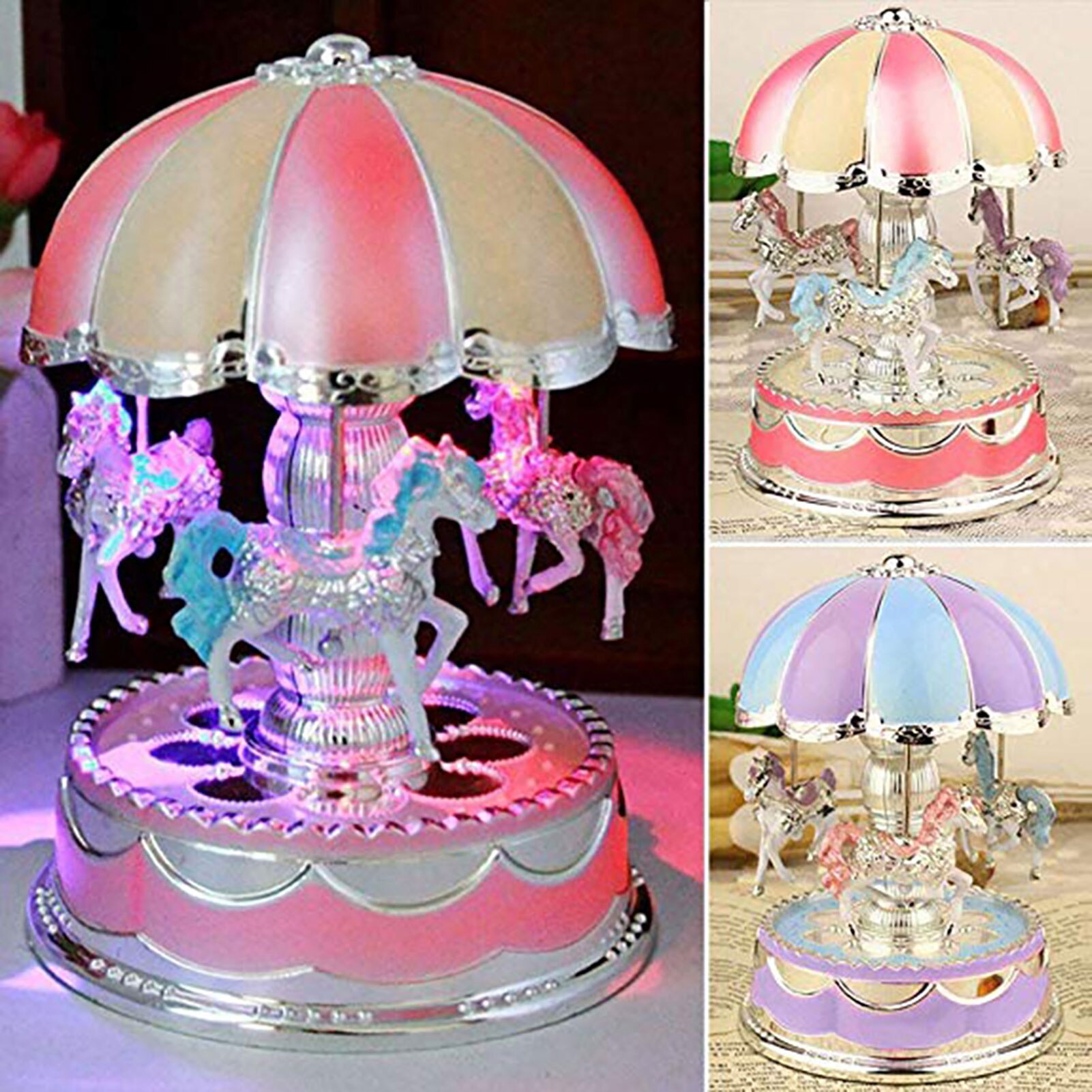 SALES！！ Carousel Cartoon Horses LED Music Box Birthday Ornament Decoration Toy