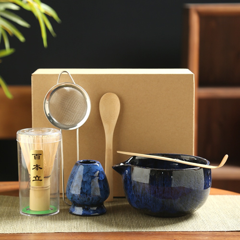 6PCS Ceramic Bamboo Japanese Matcha Tea Set Matcha Whisk Holder Reusable Matcha Whisk Set Matcha Bowl Whisk Teaspoon Tea Sets: Dull