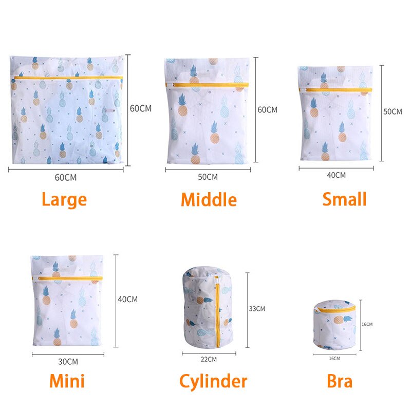 6 stk / sæt polyester mesh vasketøjsposer blå blade ananas kaktus udskrivning vaskepose til snavset tøj