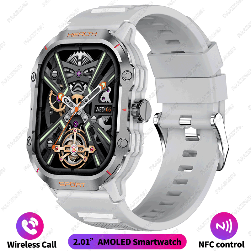 2025 nowy wojskowy Smartwatch 2.01 "AMOLED BT odpowiedź/zadzwoń NFC 100+ trybów sportowych opaska monitorująca aktywność fizyczną inteligentne zegarki dla android iOS: czarny