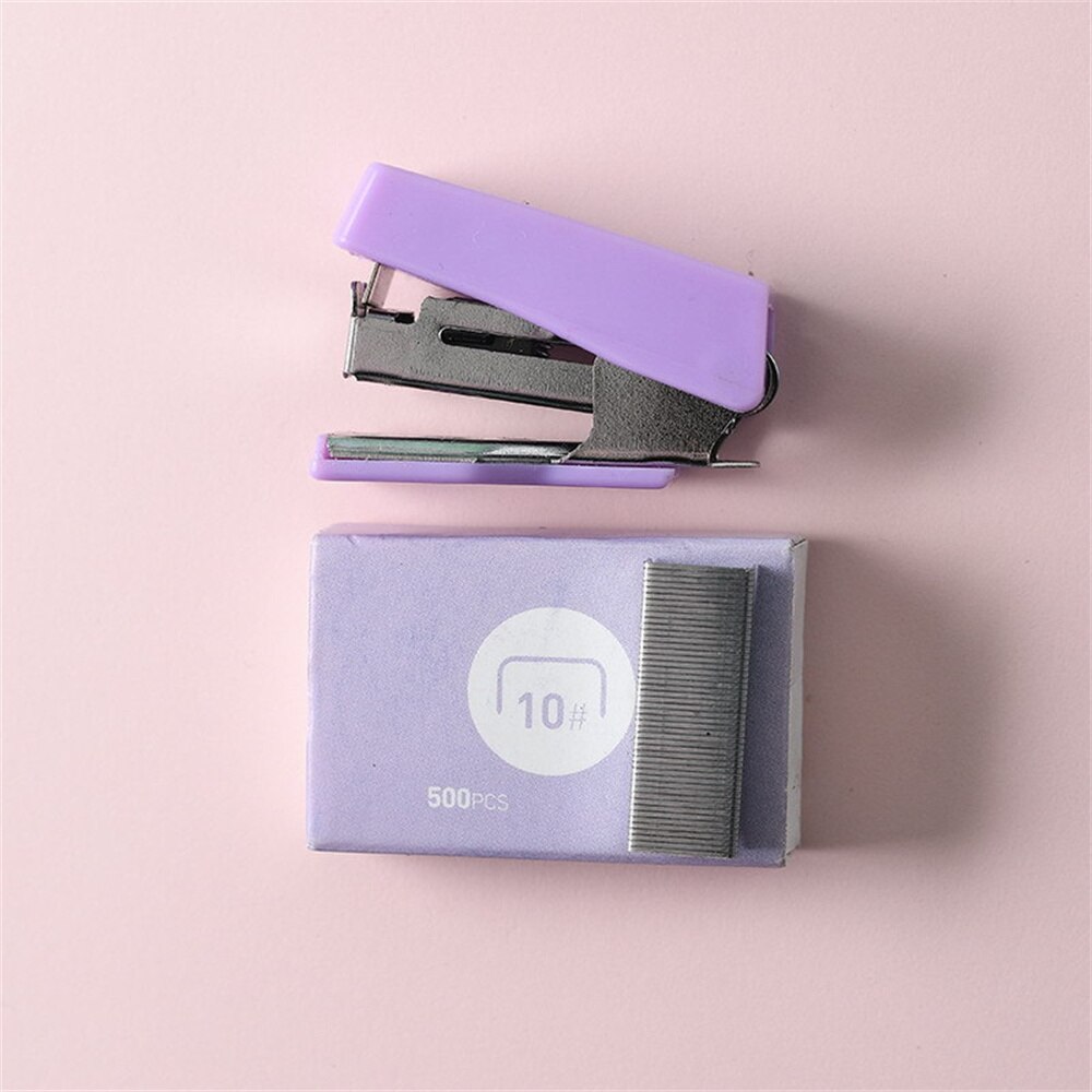 Agrafeuse en métal de couleur Morandi, mignon, avec 500 agrafes, outils de reliure, papeterie Kawaii, fournitures scolaires et de bureau, 10 #: purple
