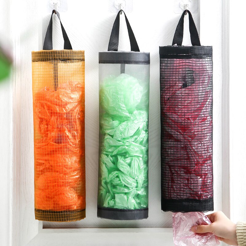 Sac de rangement en plastique en maille, sac plastique suspendu, collecteur de déchets de cuisine, extraction et stockage