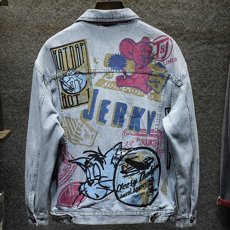 Hand Painted Graffiti Hip Hop Denim Jacket Men Hole Streetwear Oversized Harajuku Blue Jeans Jacket Denim Jacket Outwear