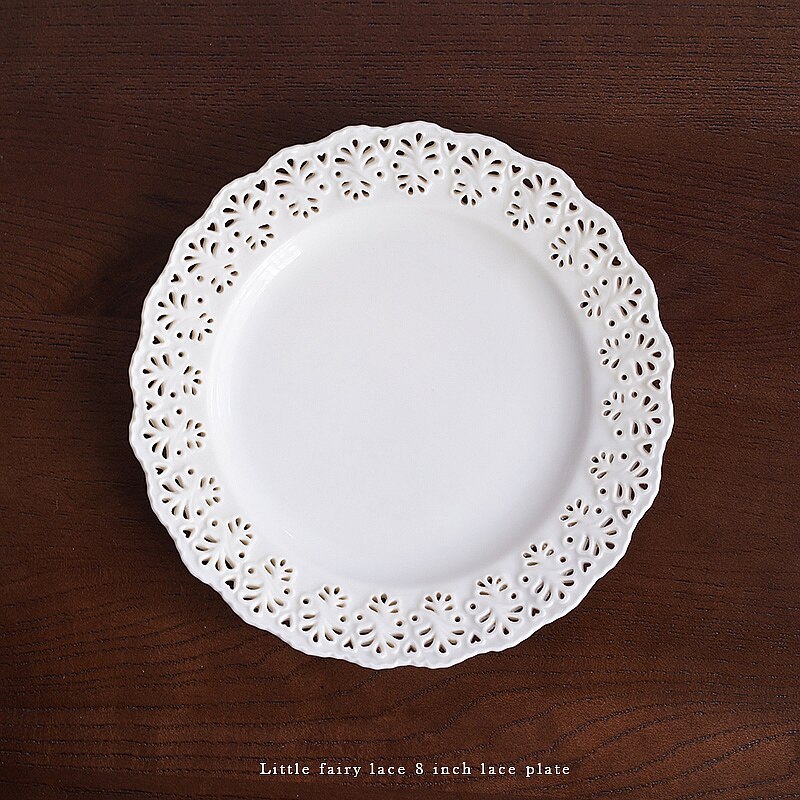 Ceramic 8 Inch Western Food Tray Afternoon Tea Snack Tray European Little Fairy Lace Cutout Pattern Plate: Default Title
