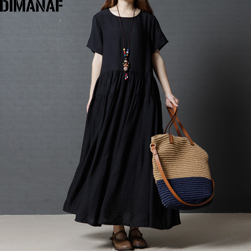 Dimanaf kvinder sommerkjole plus size linned kvindelig dame plisseret vestidos solid sort løs vintage lang kjole m -2xl
