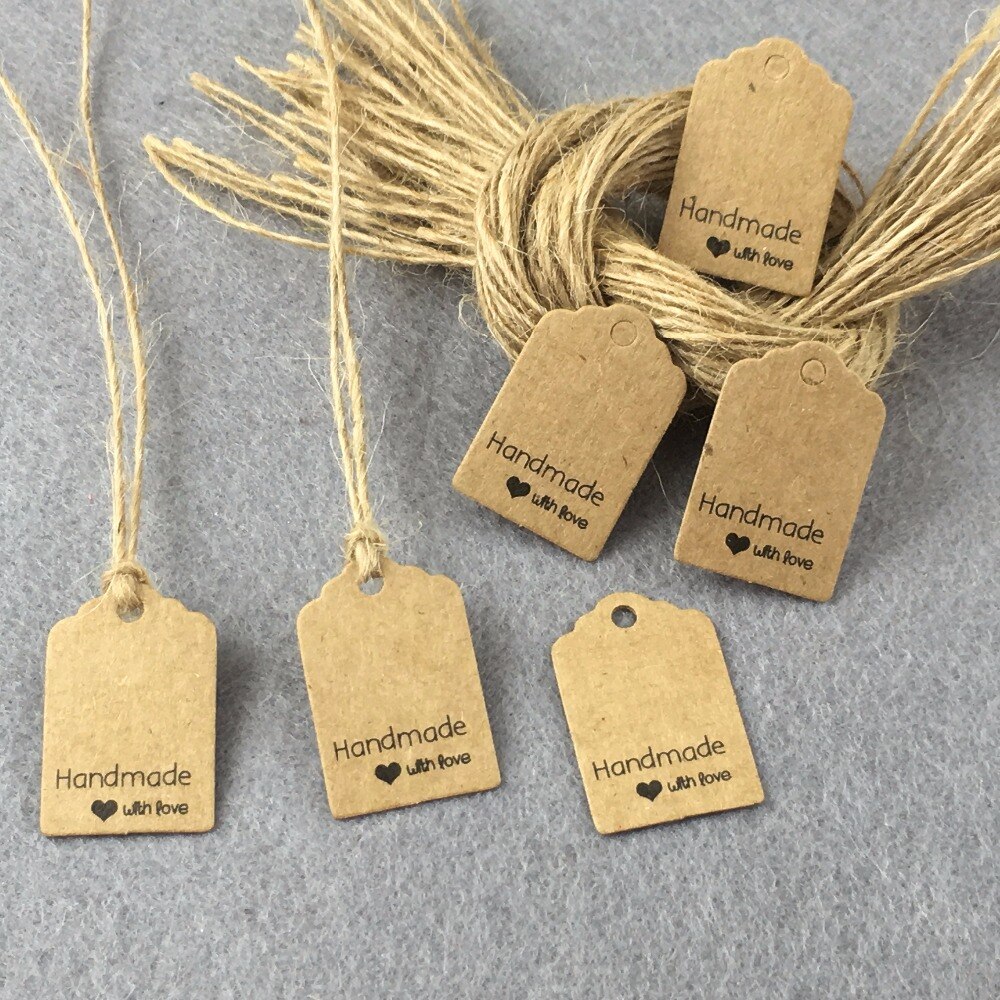 500 stks 3x2 cm Geschulpte &#39;handmade met love&#39; tag/Gunst Tag/DIY Tag/ prijs Label Met 500 stks string