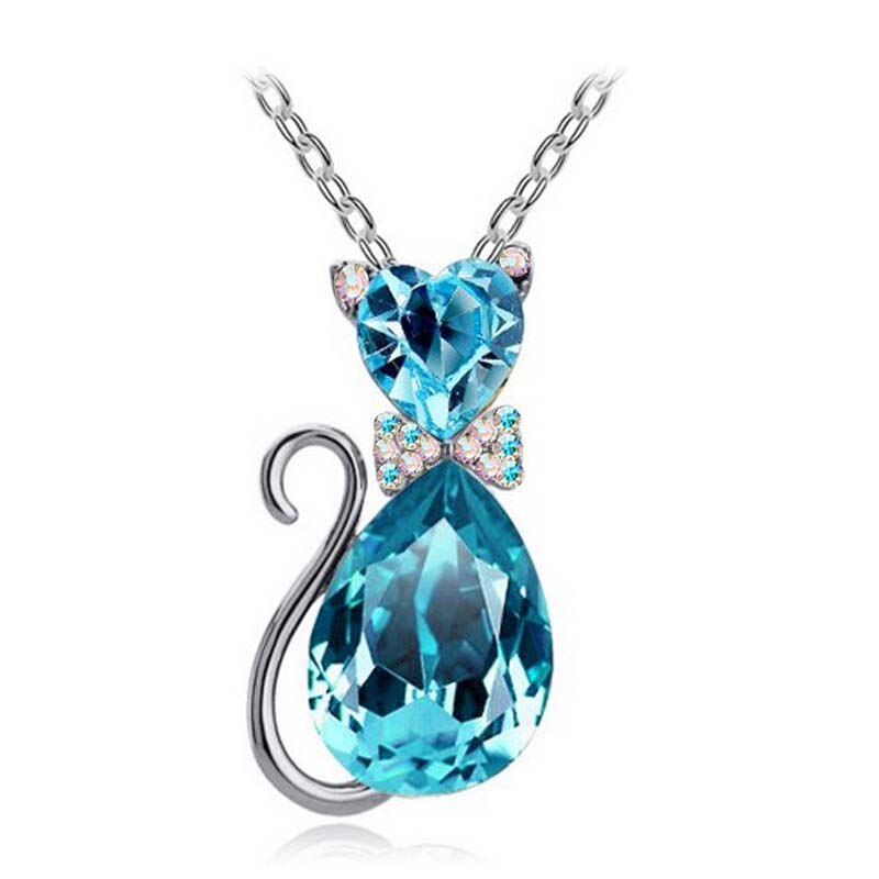 Leuke Kat Hanger Ketting Voor Vrouwen Hart Crystal Sieraden Oostenrijkse Kristal Sleutelbeen Keten Ketting: silver oceanblue