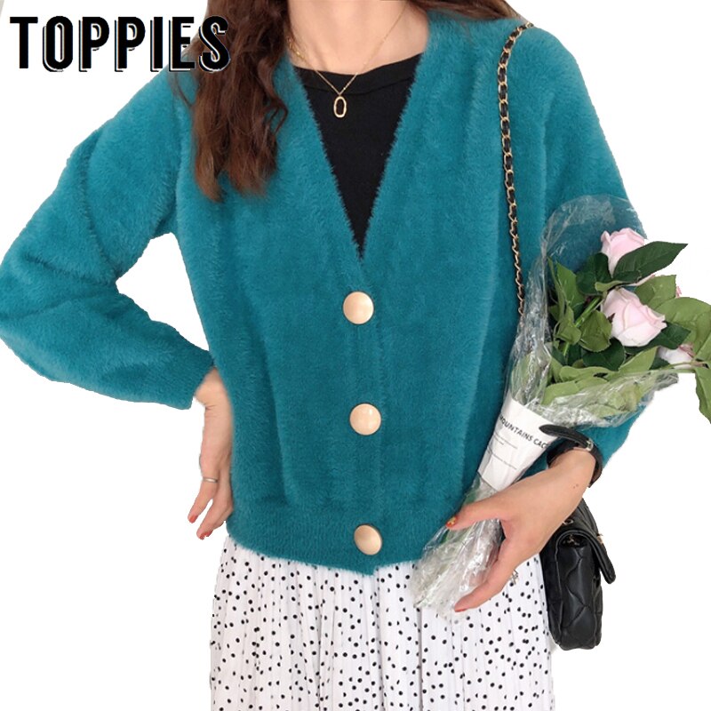 Suéter con botones dorados Cárdigan para mujer Otoño Invierno Chaqueta corta de punto abrigo suelto de lana cárdigan suéter