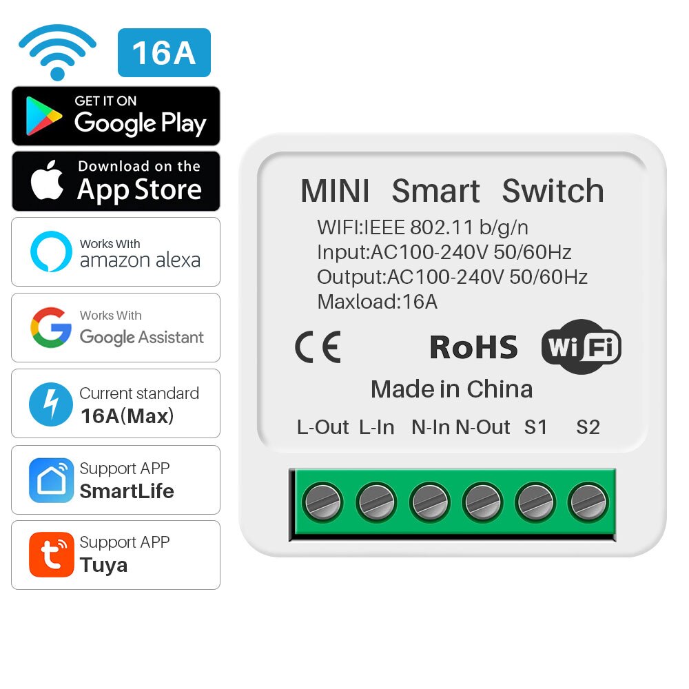 16a diy mini smart wlan-schalter mit 2- -wege-steuerung, smart-home-automatisierungsmodul, kompatibel mit alexa, google home, tuya und der smart life app.