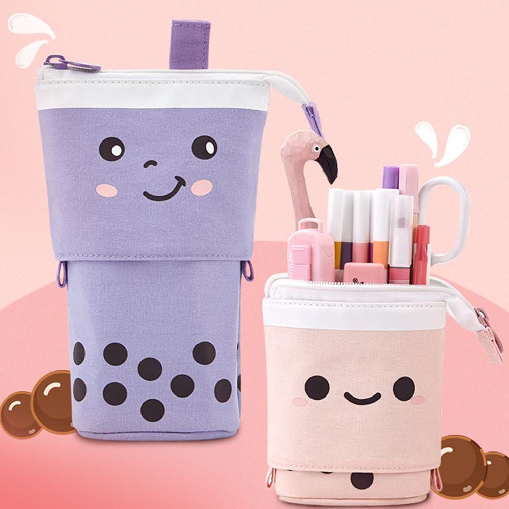 1Pc Cute Retractable Pencil Case Boba Milk Tea Pen Pencil Stationery Case Multi-function Pencil Holder Organizer Pink